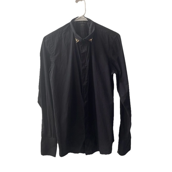 Zara Dress Shirt Mens Black Medium Gold Tone Hardware Collar Spikes Slim Fit - Picture 1 of 10